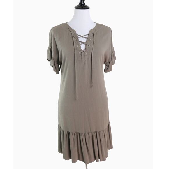 Michael Stars XS Ruffled Lace-up Mini Dress Short Sleeve Camo Green - Picture 2 of 11